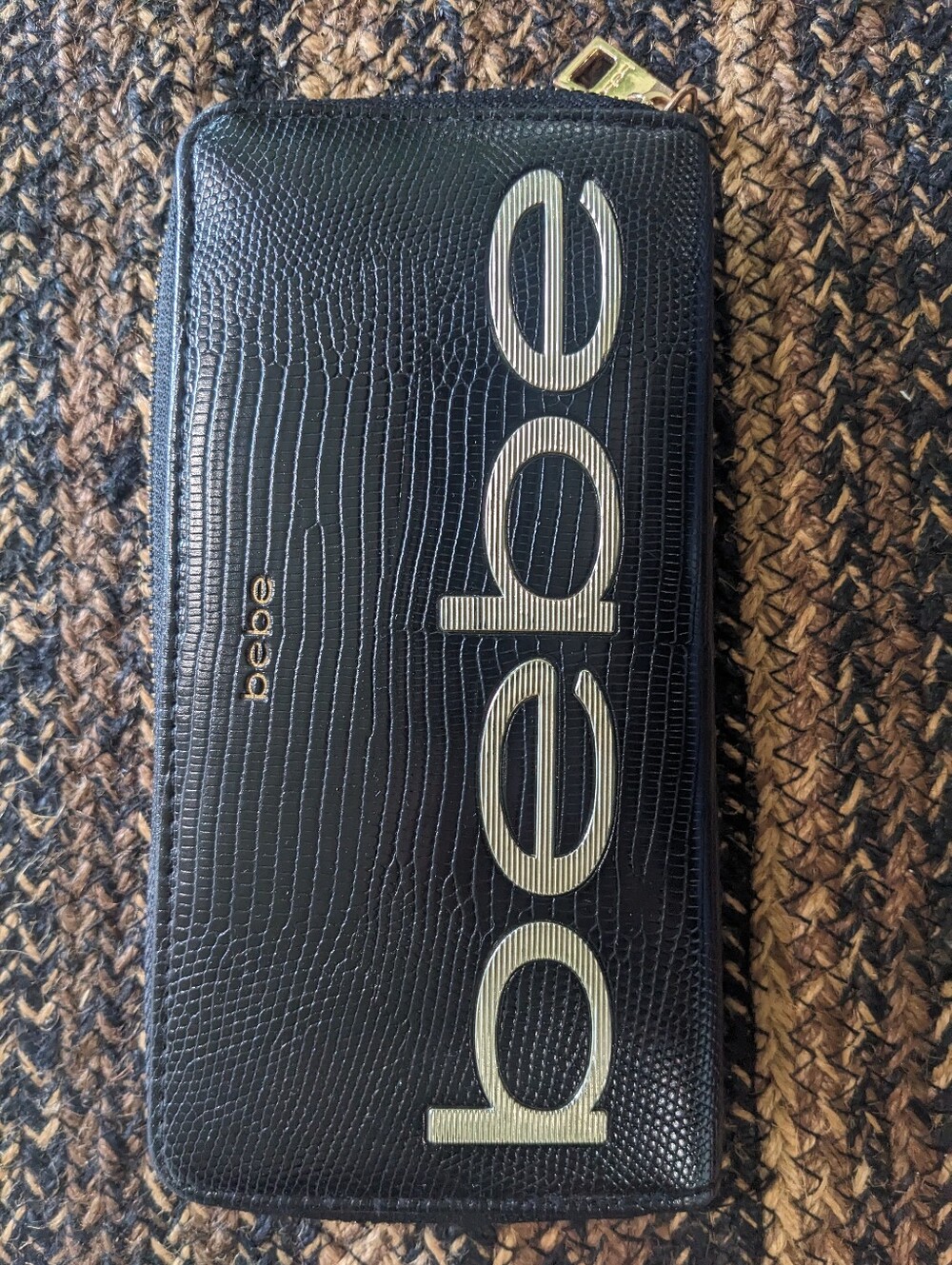 Bebe Black Embossed Faux Leather Logo Spellout Zip Around Accordion Wallet